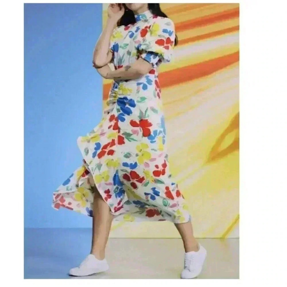 RIXO NWOT White Multi-Floral Mock-Neck Cascade Ruffle Maxi Dress Size 0 - Picture 1 of 7